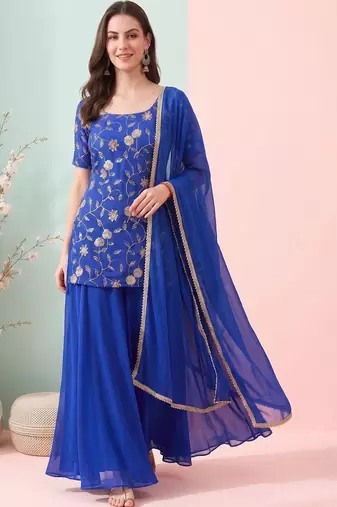 Women Ethnic Motifs Embroidered Regular Thread Work Kurta with Sharara & With Dupatta