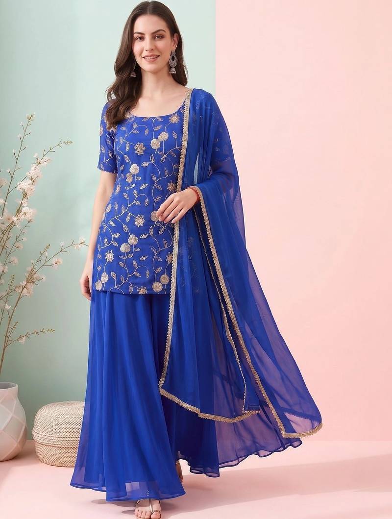 Women Ethnic Motifs Embroidered Regular Thread Work Kurta with Sharara & With Dupatta
