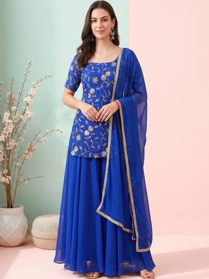 Women Ethnic Motifs Embroidered Regular Thread Work Kurta with Sharara & With Dupatta 3