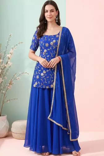 Women Ethnic Motifs Embroidered Regular Thread Work Kurta with Sharara & With Dupatta