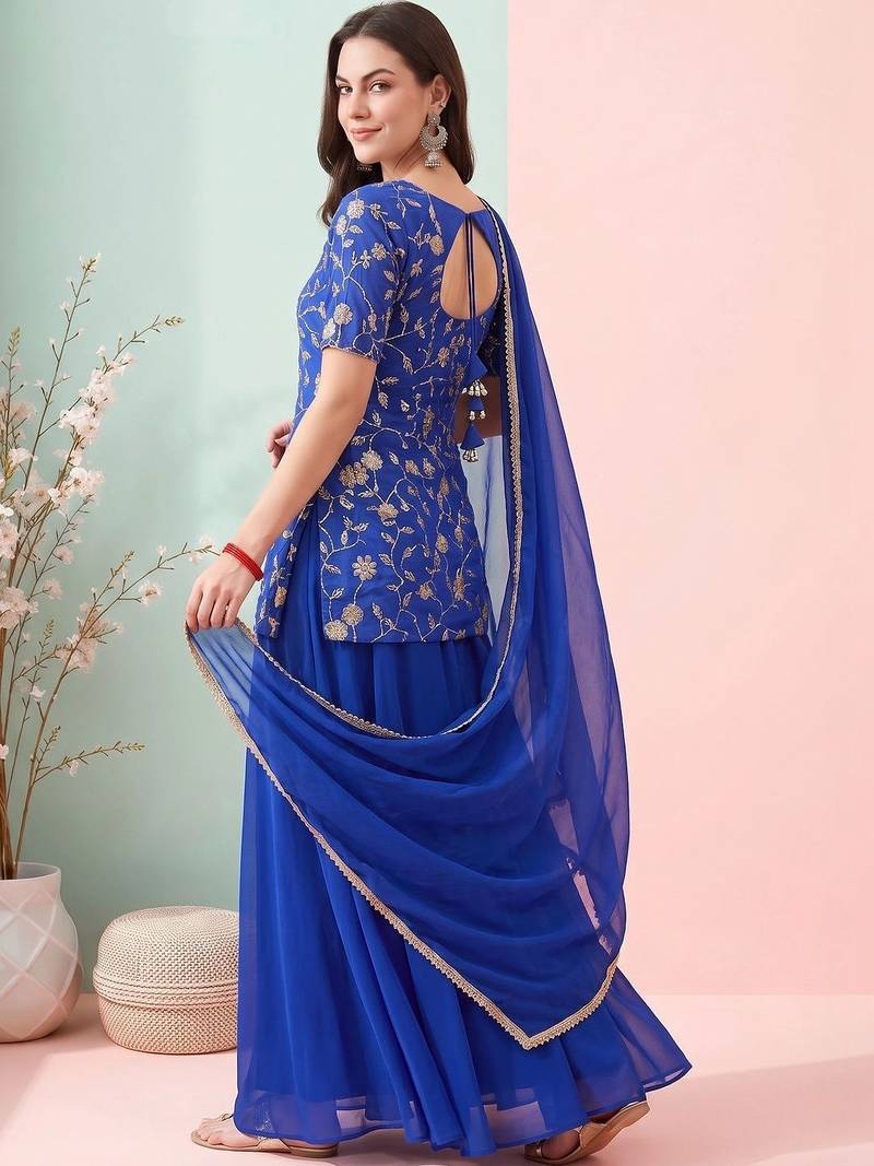Women Ethnic Motifs Embroidered Regular Thread Work Kurta with Sharara & With Dupatta