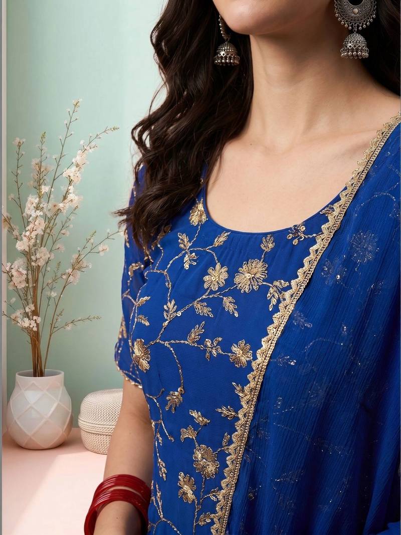 Women Ethnic Motifs Embroidered Regular Thread Work Kurta with Sharara & With Dupatta