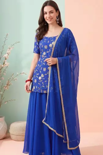 Women Ethnic Motifs Embroidered Regular Thread Work Kurta with Sharara & With Dupatta