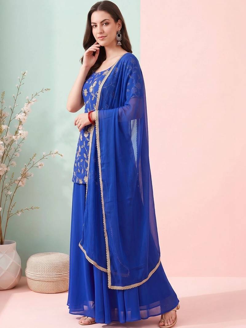 Women Ethnic Motifs Embroidered Regular Thread Work Kurta with Sharara & With Dupatta