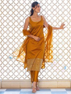 Women Ethnic Motifs Regular Thread Work Kurta with Trousers & With Dupatta 1
