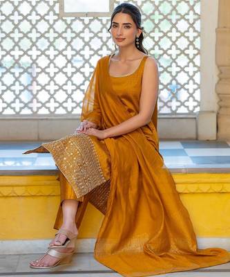 Women Ethnic Motifs Regular Thread Work Kurta with Trousers & With Dupatta 5