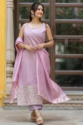 Women Ethnic Motifs Regular Thread Work Kurta with Trousers & With Dupatta
