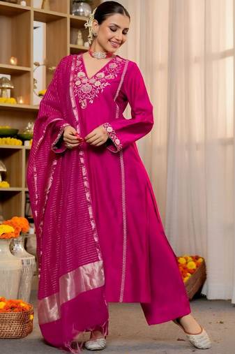 Women Ethnic Motifs Embroidered Regular Thread Work Kurta with Palazzos & With Dupatta