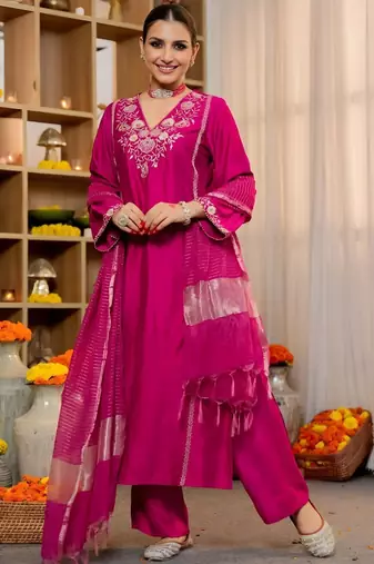 Women Ethnic Motifs Embroidered Regular Thread Work Kurta with Palazzos & With Dupatta