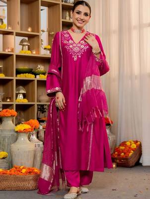 Women Ethnic Motifs Embroidered Regular Thread Work Kurta with Palazzos & With Dupatta 4