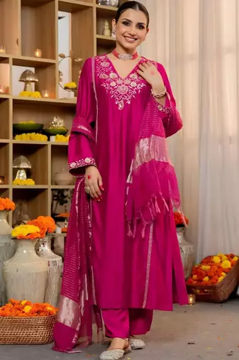 Women Ethnic Motifs Embroidered Regular Thread Work Kurta with Palazzos & With Dupatta