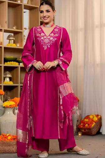 Women Ethnic Motifs Embroidered Regular Thread Work Kurta with Palazzos & With Dupatta