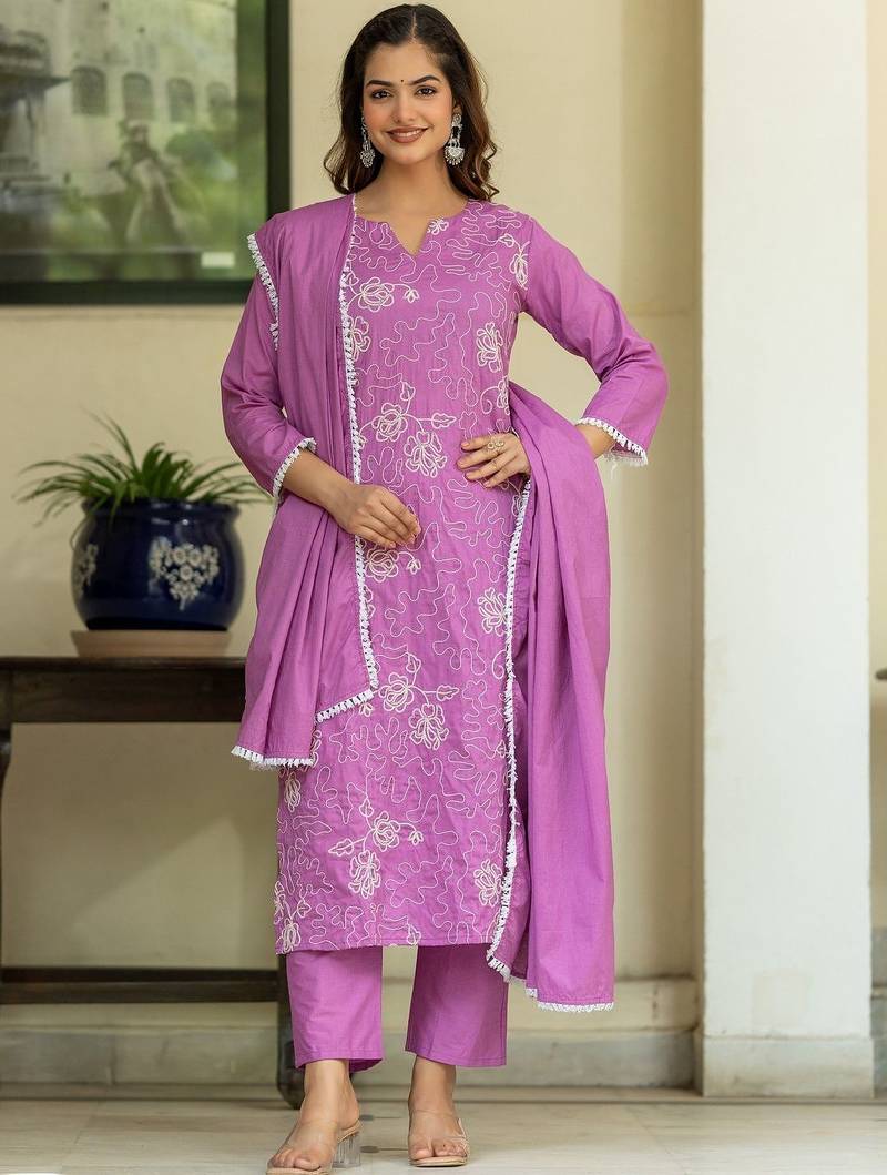 Women Ethnic Motifs Embroidered Regular Thread Work Kurta with Trousers & With Dupatta