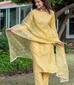 Women Ethnic Motifs Embroidered Regular Thread Work Chanderi Silk Kurta with Trousers & With Dupatta