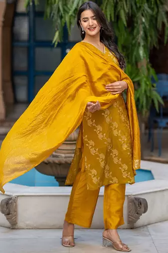 Women V-Neck Pure Silk Kurta with Palazzos & With Dupatta