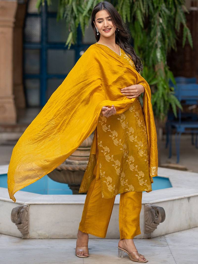 Women V-Neck Pure Silk Kurta with Palazzos & With Dupatta