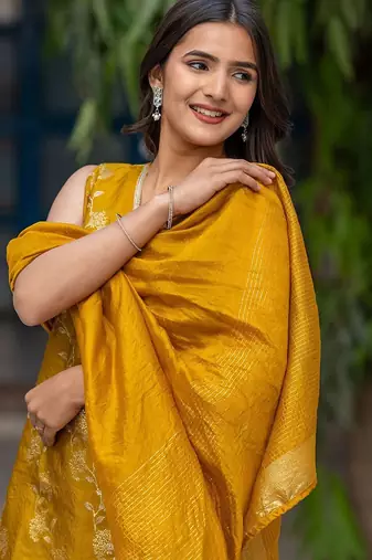Women V-Neck Pure Silk Kurta with Palazzos & With Dupatta
