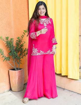 Women Ethnic Motifs Embroidered Regular Thread Work Silk Crepe Kurta with Palazzos & With Dupatta 1