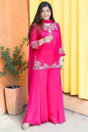 Women Ethnic Motifs Embroidered Regular Thread Work Silk Crepe Kurta with Palazzos & With Dupatta