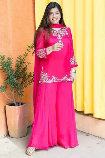 Women Ethnic Motifs Embroidered Regular Thread Work Silk Crepe Kurta with Palazzos & With Dupatta