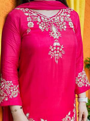 Women Ethnic Motifs Embroidered Regular Thread Work Silk Crepe Kurta with Palazzos & With Dupatta 2