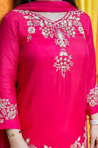 Women Ethnic Motifs Embroidered Regular Thread Work Silk Crepe Kurta with Palazzos & With Dupatta