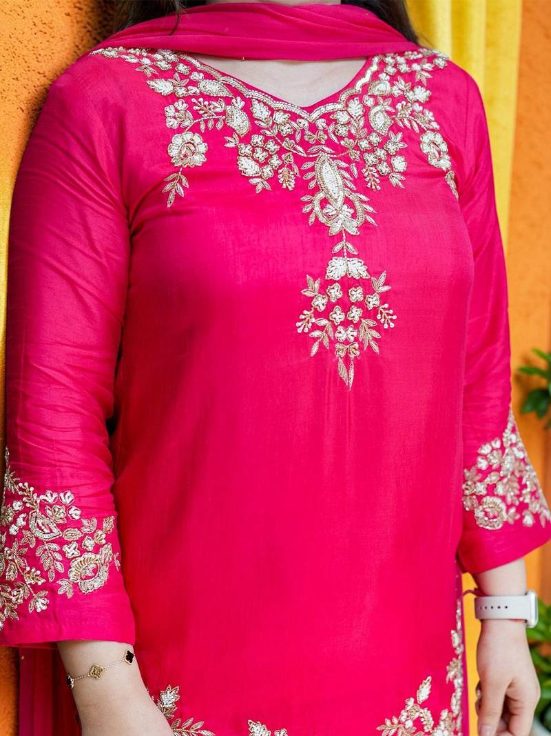 Women Ethnic Motifs Embroidered Regular Thread Work Silk Crepe Kurta with Palazzos & With Dupatta