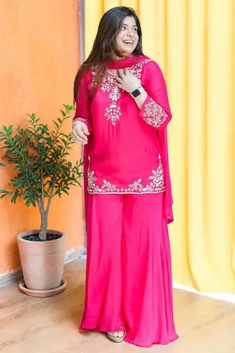 Women Ethnic Motifs Embroidered Regular Thread Work Silk Crepe Kurta with Palazzos & With Dupatta