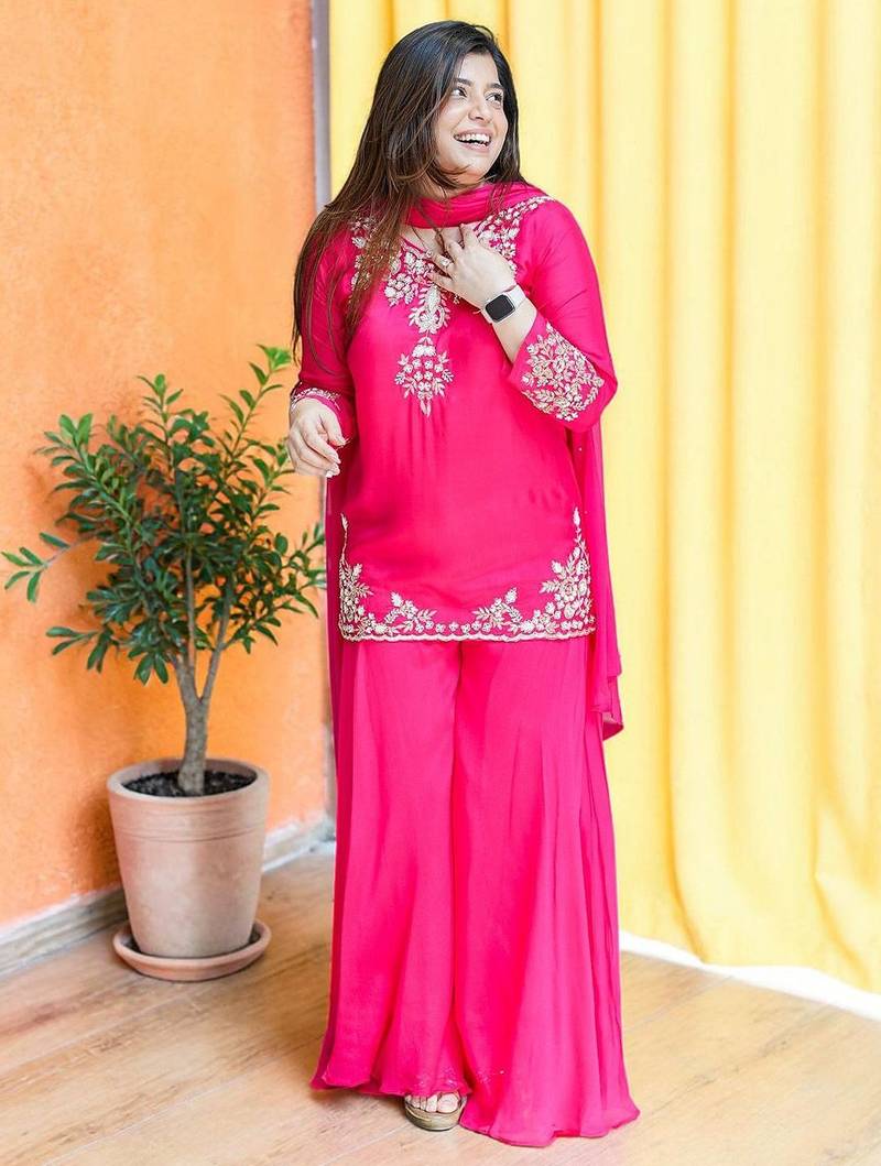 Women Ethnic Motifs Embroidered Regular Thread Work Silk Crepe Kurta with Palazzos & With Dupatta