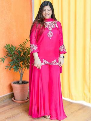 Women Ethnic Motifs Embroidered Regular Thread Work Silk Crepe Kurta with Palazzos & With Dupatta 4