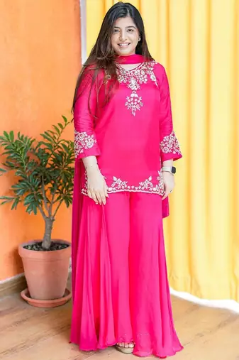 Women Ethnic Motifs Embroidered Regular Thread Work Silk Crepe Kurta with Palazzos & With Dupatta