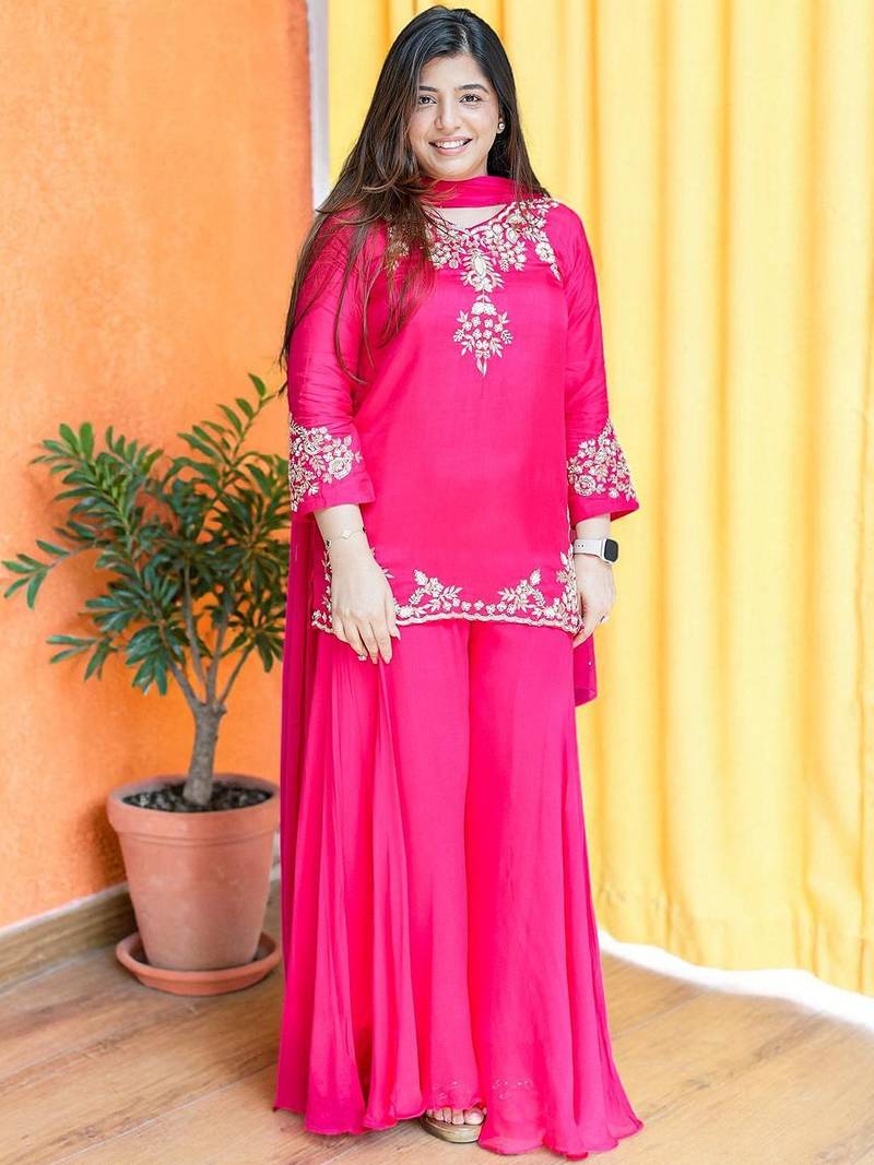 Women Ethnic Motifs Embroidered Regular Thread Work Silk Crepe Kurta with Palazzos & With Dupatta