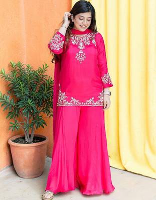 Women Ethnic Motifs Embroidered Regular Thread Work Silk Crepe Kurta with Palazzos & With Dupatta 5