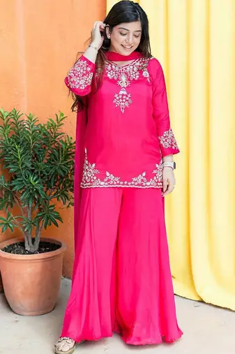 Women Ethnic Motifs Embroidered Regular Thread Work Silk Crepe Kurta with Palazzos & With Dupatta