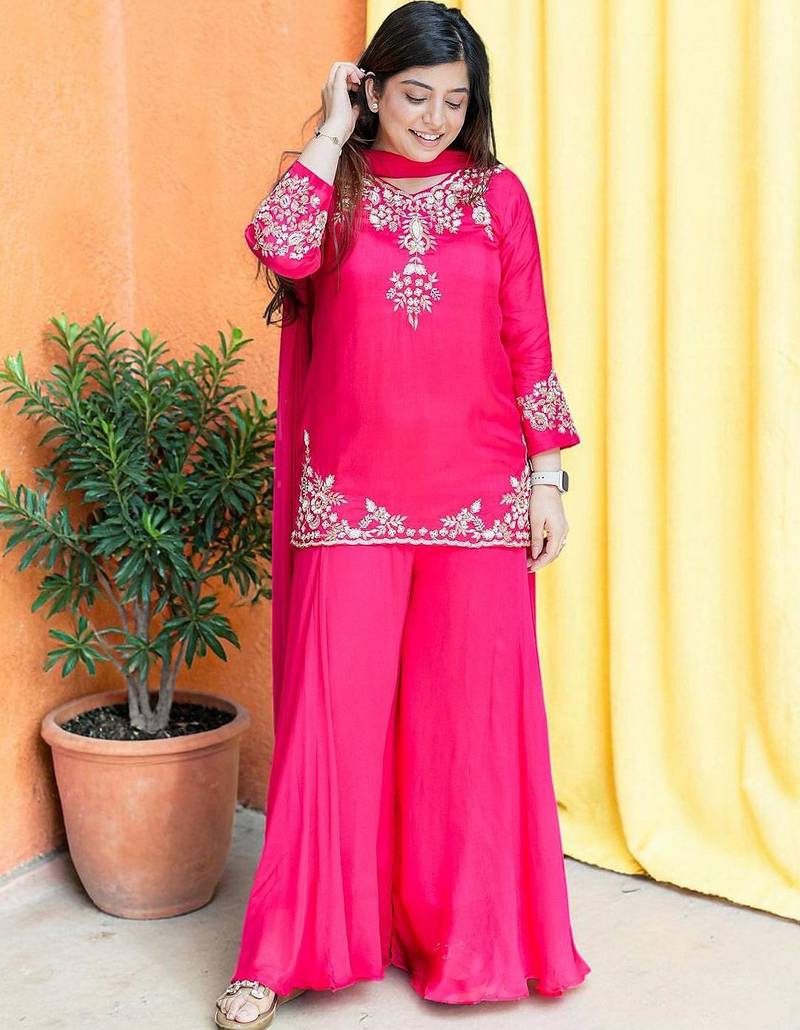 Women Ethnic Motifs Embroidered Regular Thread Work Silk Crepe Kurta with Palazzos & With Dupatta