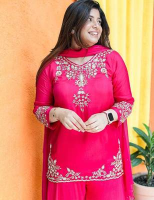 Women Ethnic Motifs Embroidered Regular Thread Work Silk Crepe Kurta with Palazzos & With Dupatta 6