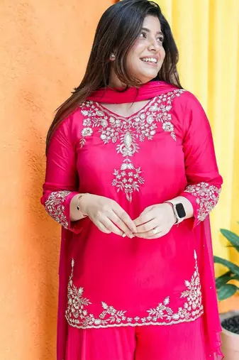 Women Ethnic Motifs Embroidered Regular Thread Work Silk Crepe Kurta with Palazzos & With Dupatta