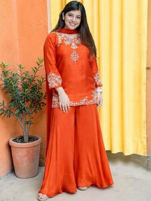 Women Ethnic Motifs Embroidered Regular Thread Work Silk Crepe Kurta with Palazzos & With Dupatta 1