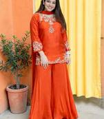 Women Ethnic Motifs Embroidered Regular Thread Work Silk Crepe Kurta with Palazzos & With Dupatta