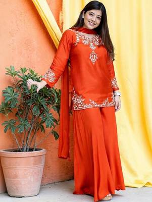 Women Ethnic Motifs Embroidered Regular Thread Work Silk Crepe Kurta with Palazzos & With Dupatta 3