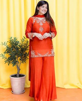 Women Ethnic Motifs Embroidered Regular Thread Work Silk Crepe Kurta with Palazzos & With Dupatta 4