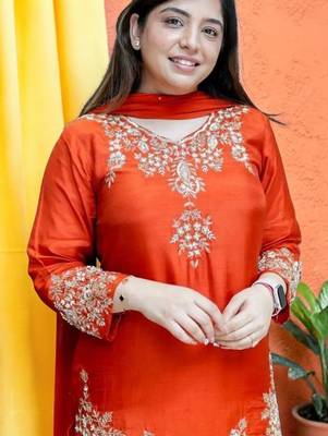 Women Ethnic Motifs Embroidered Regular Thread Work Silk Crepe Kurta with Palazzos & With Dupatta 5