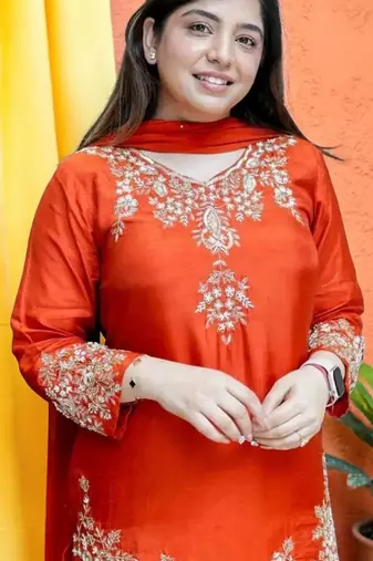 Women Ethnic Motifs Embroidered Regular Thread Work Silk Crepe Kurta with Palazzos & With Dupatta