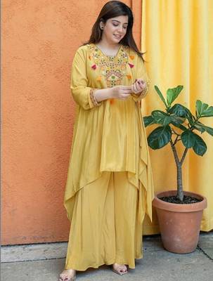 Women Ethnic Motifs Embroidered Tiered Thread Work Silk Crepe Kurta with Palazzos 1