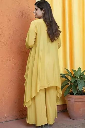 Women Ethnic Motifs Embroidered Tiered Thread Work Silk Crepe Kurta with Palazzos