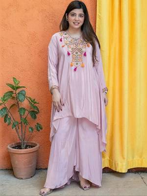 Women Ethnic Motifs Embroidered Regular Thread Work Silk Crepe Kurta with Palazzos 1