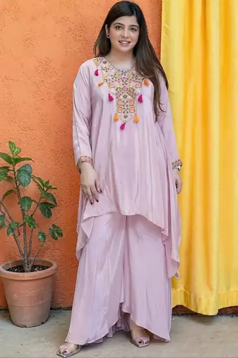 Women Ethnic Motifs Embroidered Regular Thread Work Silk Crepe Kurta with Palazzos