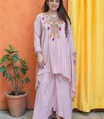 Women Ethnic Motifs Embroidered Regular Thread Work Silk Crepe Kurta with Palazzos