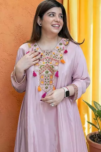 Women Ethnic Motifs Embroidered Regular Thread Work Silk Crepe Kurta with Palazzos