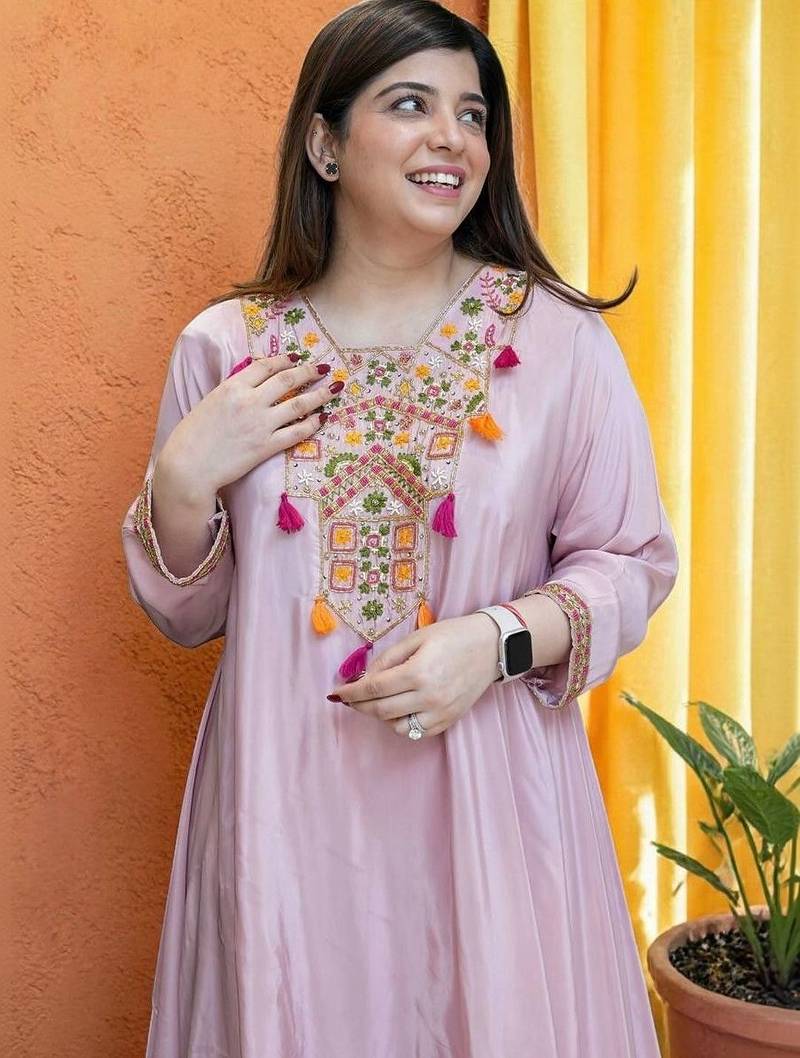 Women Ethnic Motifs Embroidered Regular Thread Work Silk Crepe Kurta with Palazzos